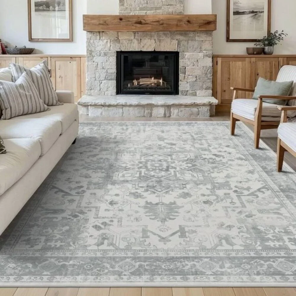New 5x7 Light Grey Area Rug, Washable, Non-Slip Vintage Carpet for Home & Room